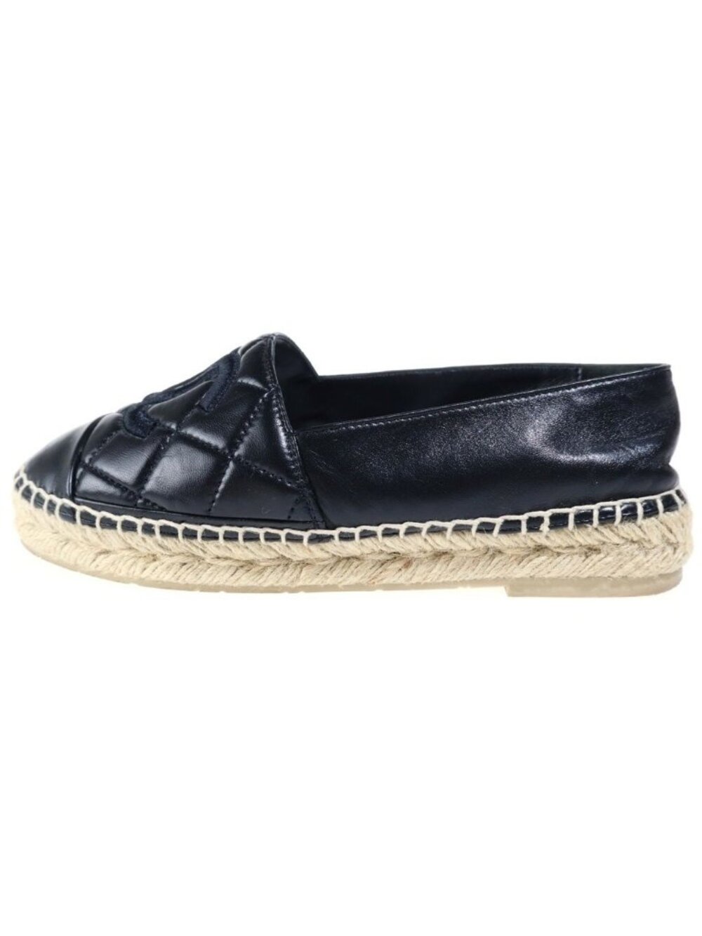 Chanel CC Logo Espadrilles Leather Slip-on Flat Shoes Black
